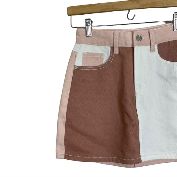 Nasty Gal Patch You Later Pink Rust Denim Mini Skirt Color Blocked Neutral NWT - Picture 2 of 9